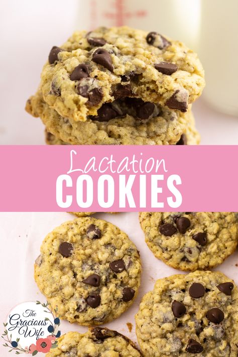 These chocolate chip oatmeal Lactation Cookies are perfect for nursing moms who need a milk supply boost. These breastfeeding-friendly treats are freezer friendly to support tired new moms, and packed with nutrients to support breast milk supply. Nursing Cookies Lactation, Oatmeal Chocolate Chip Lactation Cookies, Oatmeal Raisin Lactation Cookies, Homemade Lactation Cookies, Gluten Free Lactation Cookies, Breast Milk Cookies, High Protein Meals For Breastfeeding, Easy Lactation Cookies, Lactation Cookie Recipes