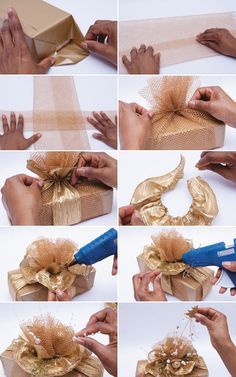 diy christmas gift wrap ideas topper bow gold ribbon package Diy Holiday Gift Wrapping, Christmas Cookies Packaging, Cookies Packaging, Gift Wrapping Tutorial, Christmas Bows Diy, Wrap A Gift, Kerajinan Diy, Easy Diy Christmas Gifts, Christmas Houses