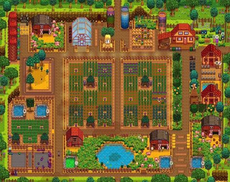 Stardew Valley Map Layout, Farm Set Up Stardew, Stardew Valley Regular Farm Layout, Stardew Valley Normal Farm Layout, Stardew Valley Basic Farm Layout, Stardew Valley Layout Ideas, Standard Farm Layout Stardew Valley, Sdv Farm Layout Standard, Stardew Farm Design