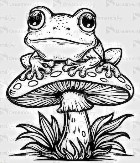 Frog On A Mushroom, Frog On Mushroom, Frog Sketch, Mushroom Drawing, Frog Drawing, Tattoo Style Drawings, Sketch Ideas, Drawing Lessons, Tattoo Style