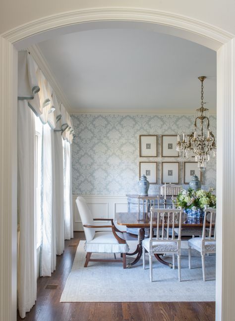 Dining room wallpaper ideas: 11 ways to decorate for drama | Homes & Gardens Classic Dining Room Wallpaper, Dining Room With Wallpaper Above Chair Rail, Traditional Wallpaper Dining Room, Damask Wallpaper Dining Room, Wallpaper In Dining Room With Chair Rail, Painted Trim Dining Room, Accent Wall Dining Room Wallpaper, Subtle Dining Room Wallpaper, Wallpaper Dining Room Ideas Wainscoting