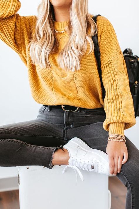 Sweaters – Royal + Reese Mustard Sweater Outfit Fall, Mustard Sweater Outfit, Hufflepuff Clothes, Outfits February, Yellow Sweater Outfit, Mama Outfits, Hufflepuff Outfit, Tiki Fashion, Everyday Aesthetic