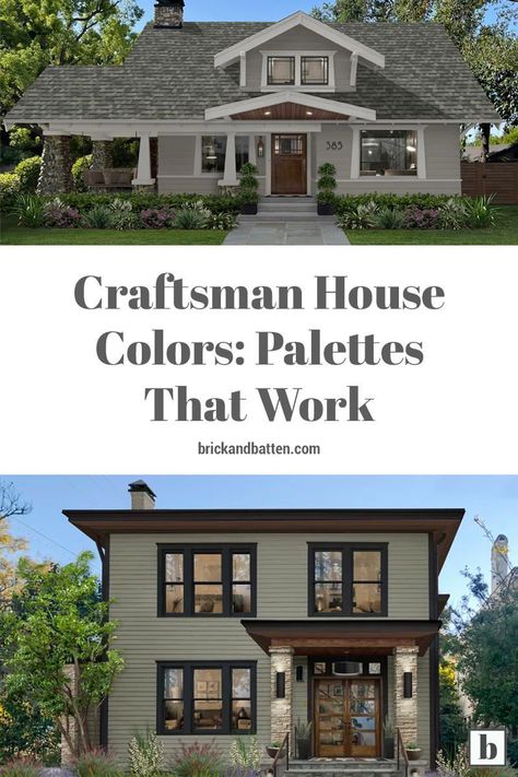 Whether you want to go daring with dark green, use traditional earth-tones, or keep it simple with neutrals, there are tons of Craftsman house palettes that work. Here are some of our favorites. #brickandbatten #craftstmanhome #craftsmanstyle #craftsmanhouse #craftsmanhomes Classic Craftsman Exterior Colors, Craftsman House Color Palette, Craftsman House Paint Colors Exterior, Green Paint For Exterior House, Two Tone Green Exterior House Colors, Earth Toned House Exterior, Sage Green House With Black Trim, Earth Tone Home Color Palette, Beige Craftsman Exterior