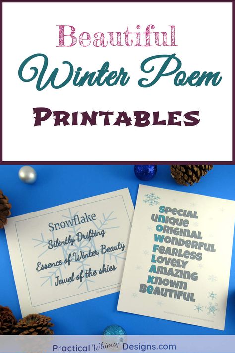 Need some easy winter decor? These snowflake poems are a beautiful addition to your winter decorations. Grab these free winter printables from practicalwhimsydesigns.com | #printables #winterpoems #winterdecor Snowflake Sayings, Snowflake Poem, Free Winter Printables, Winter Printables Free, Easy Winter Decorations, Fixer Upper Diy, Winter Poems, Winter Printables, Diy Home Accessories