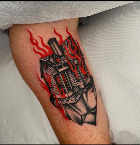 Burning House Tattoo, Red Tattoos For Women, Tattoos For Women Leg, Black And Red Tattoo, House Tattoo, Burning House, Red Tattoo, Fire Tattoo, Red Tattoos