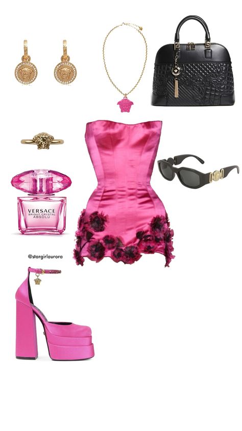 Hot Pink Classy Outfits, Pink Versace Outfit, Versace Style Outfit, Hot Pink Clothes Aesthetic, Versace Outfit Aesthetic, Versace Outfit Ideas, Hot Pink Outfit Ideas Party, Barbie Pink Dress Outfits, Pink Polyvore Outfits