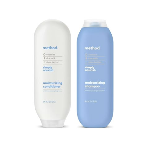 PRICES MAY VARY. Contains (1) 13.5 ounce conditioner (1) 14 ounce bottle of shampoo. Designed for you with the future in mind. Formulated without parabens, silicone, sulfates + dyes. Long-lasting fragrance. Safe for color-treated hair. Bottle made from 80% recycled plastic (PCR). recycle for good karma. Turn your shower into the kind of escape you need right now with simply nourish moisturizing shampoo + conditioner. each formula is infused with a delightful trifecta of coconut, rice milk + shea Method Simply Nourish, Method Shampoo And Conditioner, Method Shampoo, Target Stuff, Best Shampoo And Conditioner, Bathroom Things, Hair Soap, Coconut Shampoo, Good Shampoo And Conditioner