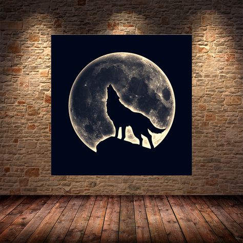 Moon On Black Canvas, Painting Wolf Acrylic, Black Wolf Painting, Wolf Mural Wall Art, Wolf And Moon Painting, Wolf Paintings Acrylic, Wolf Painting Ideas, Wolf Painting Easy, Wolf Painting Acrylic Easy