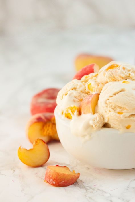 Peaches and cream is a classic for very good reasons. It's a dessert that's incredibly simple but nonetheless scrumptious. Here's my take on this classic. Peach Ice Cream Aesthetic, Peach With Ice Cream, Fresh Fruit Ice Cream, Fruit Ice Cream Aesthetic, Ice Creme Aesthetic, Peach Ice Cream Recipe, Buttermilk Ice Cream, Homemade Peach Ice Cream, Aesthetic Peach