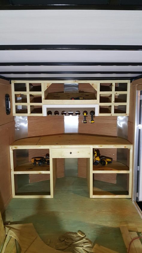 Diy Enclosed Trailer Storage, Work Trailer Shelving Ideas, Plumbing Trailer Organization, Box Trailer Storage Ideas, Trailer Workshop Ideas, Enclosed Work Trailer Ideas, Trailer Storage Ideas Construction, Enclosed Work Trailer Organization Ideas, Carpenter Trailer Setup