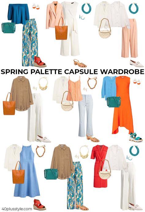 Spring color palette - are you a spring seasonal type - 40+style Light Spring Color Palette Outfits Fall, Capsule Wardrobe Light Spring, True Spring Capsule Wardrobe, Spring Palette Outfits, Warm Spring Capsule Wardrobe, Bright Spring Color Palette, Bright Spring Clothes, Spring Season Outfit, Warm Spring Palette