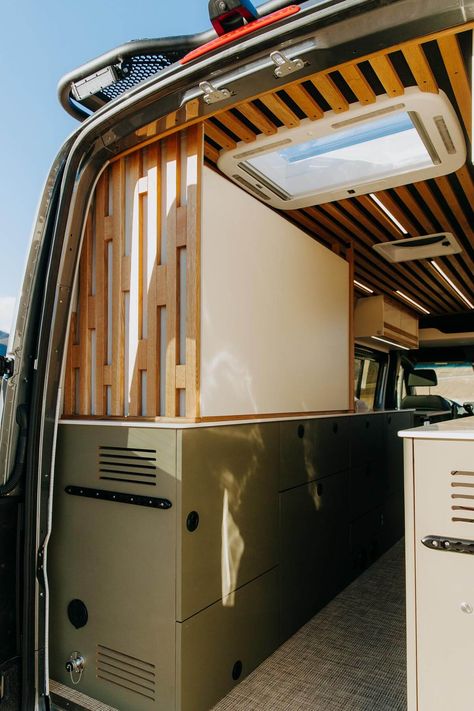 Hohm | Custom Sprinter Van | Yama Vans Sprinter Van Ceiling Ideas, Van Lighting, Van Walls, Camper Van Interior Ideas, Van Garage, Custom Sprinter Van, Camper Van Kitchen, Vw T3 Syncro, Van Shelving