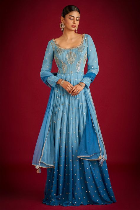 BLUE OMBRÉ ANARKALI GOWN SET WITH SEQUIN WORK PAIRED WITH A MATCHING DUPATTA, MIRROR WORK NECKLINE AND GOLD EMBELLISHMENTS. - Seasons India Ombre Anarkali Suit, Mirror Work Neckline, Ombre Anarkali, Anarkali Dresses, Kids Blouse, Anarkali Gown, Unstitched Suits, Gold Embellishment, Indian Suits