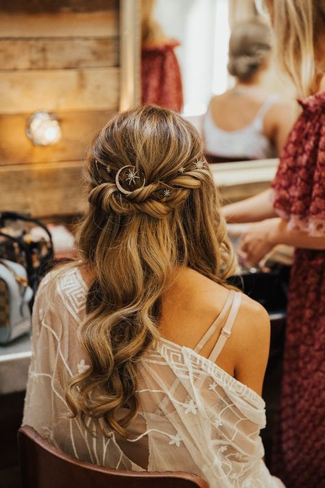 Tythe Barn Wedding With Boho Decor and Alpacas - Rock My Wedding | Boho wedding hair half up, Boho bridal hair, Wedding hair inspiration Pampas Grass Floral Arrangements, Grass Floral Arrangements, Wedding Hair For Bride, Hair For Bride, Bridal Hair Half Up, Wedding Hair Half, Boho Wedding Hair, Celestial Wedding, Wedding Hairstyles Half Up Half Down