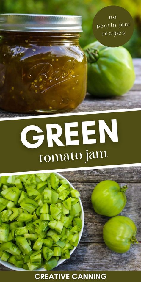 chopped up green tomatoes and a jar of homemade green tomato jam for canning Tomato Recipes For Canning, Tomato Uses, Green Tomato Jam Recipe, Tomato Chow Chow, Green Tomato Jam, Canning Fruit Recipes, Canning Green Tomatoes, Green Tomato Relish, Canning Tomatoes Recipes