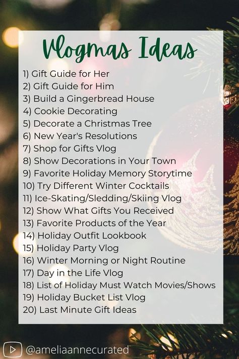 Here are 20 video ideas to help inspire you for Vlogmas! Happy Vlogmas filming! Vlogmas Ideas, Youtube Channel Name Ideas, Start Youtube Channel, Youtube Hacks, Christmas Playlist, Social Media Content Planner, Video Caption, Vision Board Photos, Social Media Content Calendar