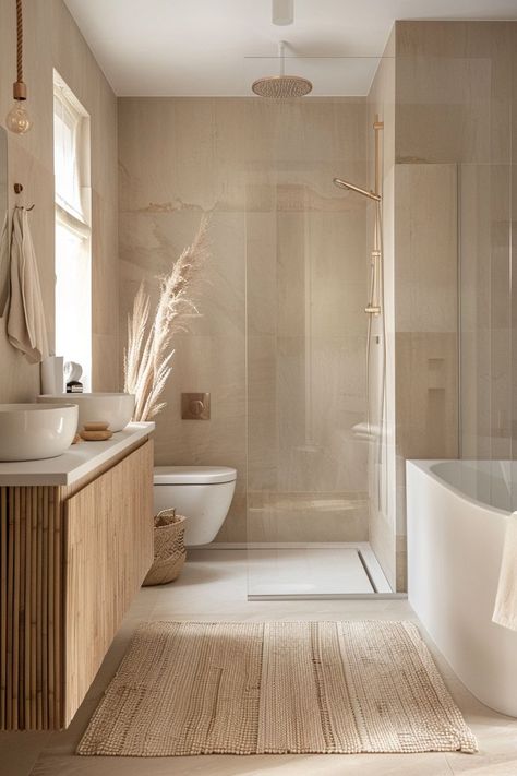 Spa Washroom Design, Small Neutral Shower Room, Resort Style Bathroom Ideas, Clean Simple Bathroom, Neutral Main Bathroom, Zen Washroom, Light Bathroom Aesthetic, Minimalistic Bathroom Design, Sand Tile Bathroom