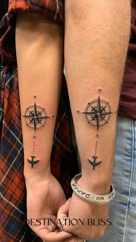 travel tattoo Adventure Symbol Tattoo, Couples Travel Tattoos, Couple Travel Tattoos, Compass Matching Tattoo, Couple Compass Tattoo, Couple Goal Tattoos, Matching Wrist Tattoos, Tattoo Designs Matching, Tattoo For Travel