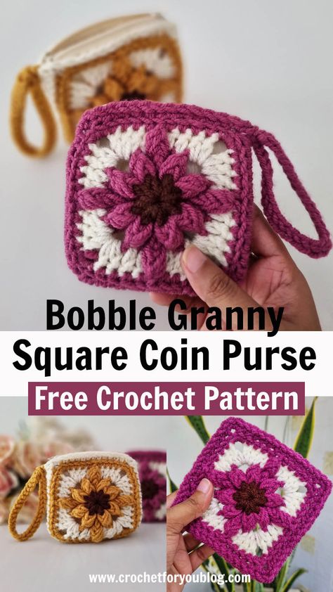 Crochet Granny Square Purses, Granny Square Bucket Bag, Granny Square Zipper Pouch Pattern, Granny Square Small Projects, Crochet Granny Square Pouch Free Pattern, Crochet Change Purse Pattern Free, Crochet Granny Square Purse Pattern Free Easy, Mini Granny Square Projects, Granny Square Pouch Free Pattern