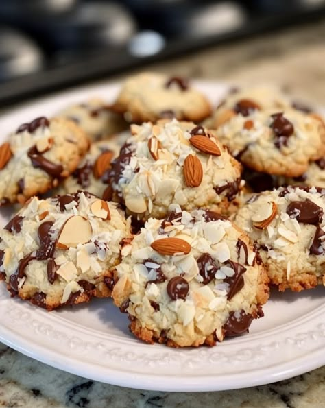 Indulge in these easy Almond Joy Cookies - coconut, almond, and chocolate flavors in every bite! Perfect for quick homemade treats. #AlmondJoy #Cookies #Dessert #EasyRecipes #BakingTips Coconut Almond Blondies, Crunchy Almond Seed Chocolate Cookies, Almond Joy Cookies Best, Almond Joy Cookies 4 Ingredients, Recipe For Almond Joy Cookies, Coconut Almonds, Cookies Coconut, Almond Joy Bars, Joy Cookies