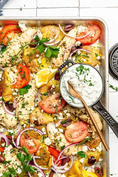 One Pan Greek Chicken and Potatoes - Fed & Fit Chicken And Potatoes Sheet Pan, Pork Breakfast Recipes, One Pan Greek Chicken, Greek Chicken And Potatoes, Recipes Meal Prep, Fed And Fit, Sheet Pan Dinners Chicken, Chicken And Potatoes, Pan Chicken Fajitas