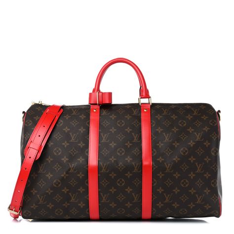 This is an authentic LOUIS VUITTON Calfskin Monogram Keepall Bandouliere 50 in Coquelicot. This stylish travel duffel is crafted of a classic Louis Vuitton monogram on toile canvas. The bag features red leather top handles, trim, and an optional shoulder strap with gold hardware. The top zipper opens to a spacious brown fabric interior with a hanging zipper pocket.