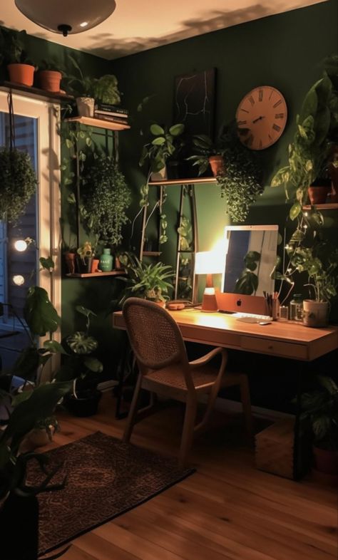 Ivy Home Decor, Green Earthy Room Aesthetic, Desk Setup With Plants, Green Wood Room Aesthetic, Dark Green Plant Room, Plant Room Office Ideas, Plant Based Room Aesthetic, Small Cozy Office Space, Green And Wood Aesthetic