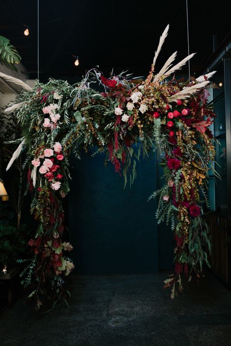 Floral Ceremony Arch, Floral Ceremony, Dark Wedding Theme, Jewel Tone Wedding, Goth Wedding, Dark Wedding, Moody Wedding, Melbourne Wedding, Ceremony Arch