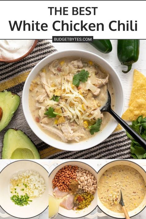 This creamy White Chicken Chili is easy and extra cozy for those cold fall and winter nights. The leftovers are great, too! Pop over to our site for the recipe! | dinner recipes | chicken recipes | easy meals | comfort food | Spicy White Chicken Chili, Slow Cooker White Chicken Chili, Cozy Soups, White Chicken Chili Slow Cooker, Crock Pot Inspired Recipes, Creamy White Chicken Chili, White Chili Chicken Recipe, Budget Bytes, Easy One Pot Meals