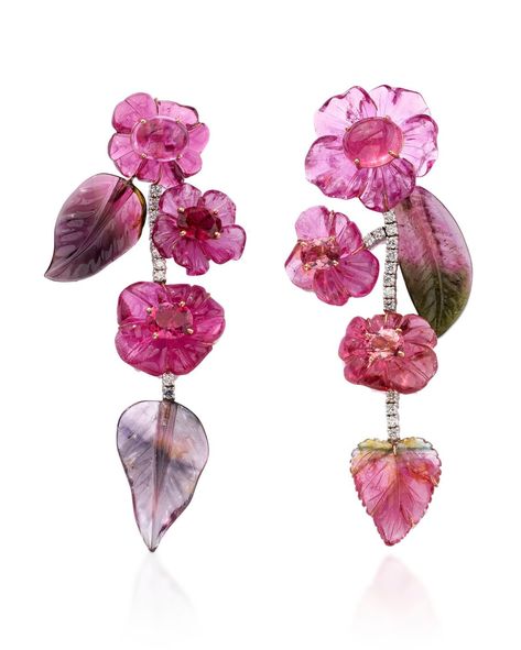 One-Of-A-Kind 18K Gold Carved Tourmaline Leaves And Flowers Earrings by Irene Neuwirth SS19 Irene Neuwirth Jewelry, Flowers Earrings, Porcelain Earrings, Irene Neuwirth, Hot Jewelry, Mismatched Earrings, Floral Jewelry, Colored Gems, Watermelon Tourmaline