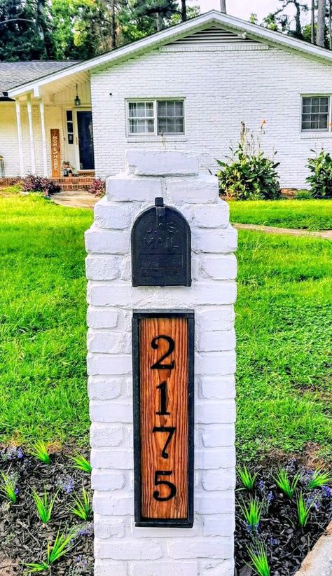 Framed mailbox house number plaque #plaque #cedar #wood #house #number #framed #whitebrick Brick Mailbox Number Ideas, Mailbox Number Plaque, Brick And Wood Mailbox Ideas, Mailbox House Numbers, Brick Mailbox Makeover, Brick Mailbox Numbers, Mailbox And House Number Ideas, Diy Brick Mailbox Ideas, House Number Mailbox Ideas