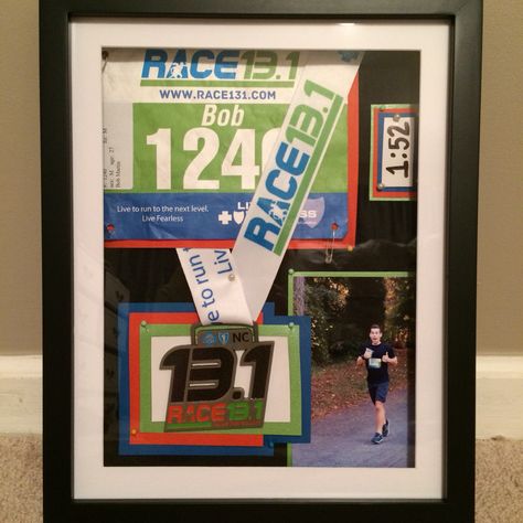 Another half-marathon shadow box!! Looking for a creative way to display your bibs and medals? Shadow boxes are the answer! Race Medal Shadow Box Display Ideas, Marathon Shadow Box Ideas, Running Display, Running Shadow, Race Medal Displays, Running Medal Display, Shadow Box Ideas, Running Medal, Race Medal