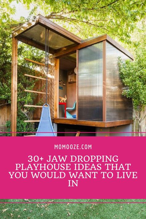 The boys had treehouses to play in. Why can’t girls who don’t play with dolls get the same, right? Well, you’re about to be convinced to build your kids their very own playhouses.Check out these inspirations and get your carpenter ready. #playhouse #treehouse #garden #kidsgames Fun Playhouse Ideas, Kids Play Fort Outdoor, Playhouse To Greenhouse, Garden Playhouse Ideas, How To Build A Play House For Kids, Diy Playhouse For Kids, Kid Forts Outside, Shipping Container Playhouse, Shed With Playhouse On Top