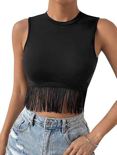 Floerns Women's Solid Sleeveless Racerback Fringe Hem Rib Knit Crop Tank Top White L at Amazon Women’s Clothing store Curvy Body Types, Drawing Female, Knitted Crop Tank Top, Tank Top White, Female Anatomy, Crop Tank Top, Black Fringe, Knit Crop, Fringe Trim