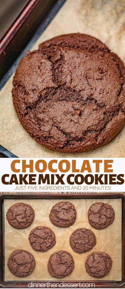 Cake Mix Cookies made with just 5 ingredients in one bowl are ultra rich, chocolatey, and bakery soft EASY cookies in under 20 minutes! #chocolate #baking #cookie #cookies #dessert #christmas #dinnerthendessert Chocolate Cookies Made With Cake Mix Boxes, Chocolate Cookies From Cake Mix Easy, Soft Cake Mix Cookies, Cookies From Chocolate Cake Mix Recipes, Chocolate Cake Mix Uses, Chocolate Cookies From Cake Mix Recipes, Easy Chocolate Cake Mix Recipes, Chocolate Cake Mix Cookies Recipes, Chocolate Cake Mix Christmas Cookies