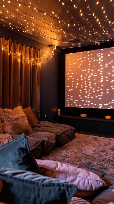 39 Small Theatre Room Ideas And Tips Snug Design Ideas, Loft Conversion Cinema Room, Teenage Snug Room Ideas, Living Room Projector Ideas Apartment, Small Room Theater Ideas, Teenage Lounge Room Ideas, Cosy Cinema Room, Movie Date Night At Home Aesthetic, Teen Girl Hangout Room Ideas