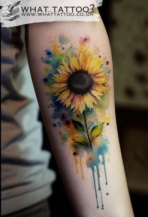 Colourful Sunflower Tattoo, Watercolor Sunflower Tattoo Forearm, Watercolour Sunflower Tattoo, Treasure Tattoo, Watercolor Sunflower Tattoo, Sunflower Mandala Tattoo, Sunflower Tattoo Meaning, Sunflower Tattoo Ideas, Sunflower Tattoo Sleeve