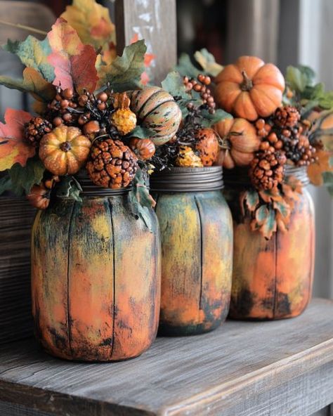 Mason Jar Design Ideas, Fall Crafts With Mason Jars, Chalk Paint Bottles, Canning Decorating Ideas, Fall Painted Mason Jars, Decorated Mason Jars Diy, Fall Mason Jar Ideas, Easy Mason Jar Centerpieces, Painting Jars With Acrylic Paint