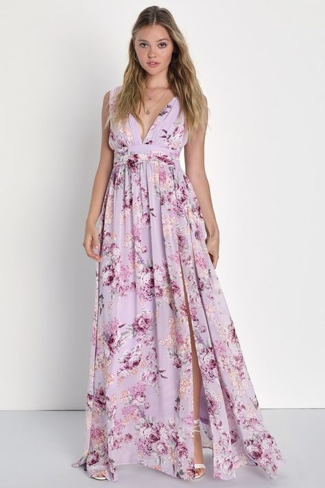 100+ Dresses Perfect for Wedding Guests | The Perfect Palette Light Purple Floral Bridesmaid Dresses, Garden Party Dress Plus Size, Semi Formal Floral Dress, Floral Maid Of Honor Dress, Purple Floral Bridesmaid Dresses, Floral Formal Gown, Lavender Bridesmaids, Garden Party Dresses, Lavender Floral Dress