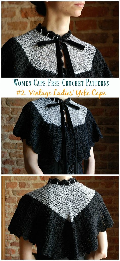 Vintage Ladies' Yoke Cape Crochet Free Pattern - Women #Cape; Free #Crochet; Patterns Crochet Vintage Shawl, Historical Crochet Patterns, Vintage Crochet Free Patterns, Vintage Crochet Ideas, Knitted Cape Pattern Free, Crochet Lace Collar Pattern Free, Cottagecore Knitting Patterns, Vintage Crochet Patterns Free, Collar Crochet Pattern