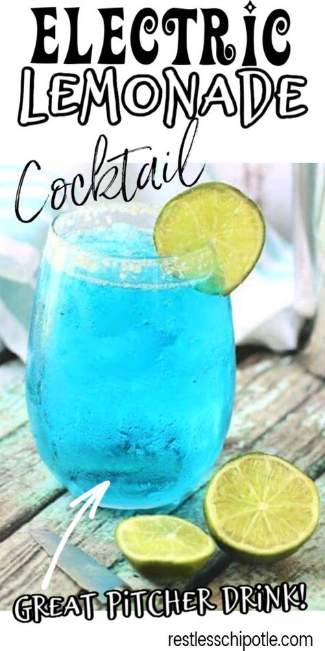 Cocktail Recipes With Blue Curacao, Blue Colored Cocktails Drink Recipes, Cocktail Recipes With Lemonade, Blue Mix Drinks Alcoholic, Blue Lemonade Alcohol Drink, Drinks Made With Blue Curacao, Blue Pitcher Cocktails, Mixed Drinks With Blue Curacao, Simple Blue Cocktails