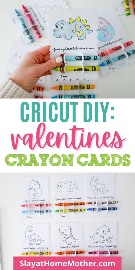 Make these adorable coloring cards with your Cricut machine! These crayon cards are a great candy-free Valentine's Day alternative for your kid's classroom. #valentinesday #kidsvalentines #vday #candyfree #allergens #allergyfree #cricutcrafts #slayathomemother Valentines With Crayons, Cricut Valentines Cards For Kids, Cricut Valentine Cards, Valentines Printables Free Kids, Valentine 2024, Boys Crafts, Cricut Valentines, Cricut Valentine, Crayon Valentines