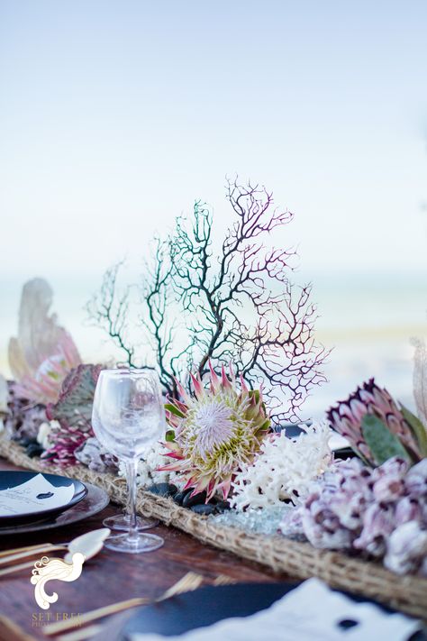 Ocean Inspired Floral Arrangements, Seaweed Wedding Decor, Beach Wedding Arrangements, Ocean Wedding Table Decor, Ocean Theme Flower Arrangements, Mermaid Floral Arrangement, Ocean Wedding Flowers, Mermaid Wedding Decor, Mermaid Flower Arrangement