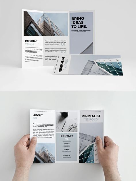 Minimalist Trifold Brochure Template InDesign INDD Broshor Design Layout, Trifold Pamphlet Design, Trifold Brochure Design Minimalist, Brochure Design Minimalist, Minimalist Brochure, Poster Design Competition, Brochure Design Templates, Architecture Brochures, Brochure Graphic