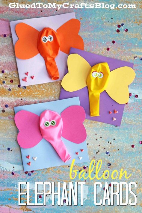 Silly and simple balloon elephant cards! A great craft for kids this summer! Balloon Elephant, Aktiviti Prasekolah, Kraftangan Prasekolah, Elephant Cards, Kerajinan Diy, Its A Boy Balloons, Diy Balloon, Kraf Diy, Aktivitas Montessori