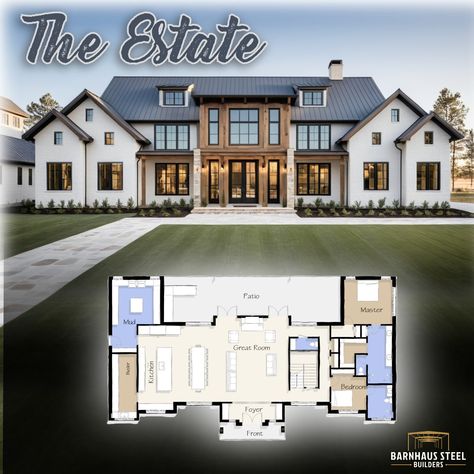 The Estate has 7 Bedrooms, 5 Bathrooms, and 5,230 SF Living. Transitional style floor plan and steel framing combine create this beautiful ranch home. Do you want a custom plan? We would love to chat! #ranchhome #designbuild #barndominium #floorplan #houseplan #customhomebuilder #architecture #modernfarmhouse #transitionalstyle 6 Bedroom Floor Plans, Barndominium Floorplan, Home Building Plans, 5 Bedroom Home, Steel Framing, Building Plans House, Barndominium Floor Plans, Bedroom Floor Plans, Ranch Home