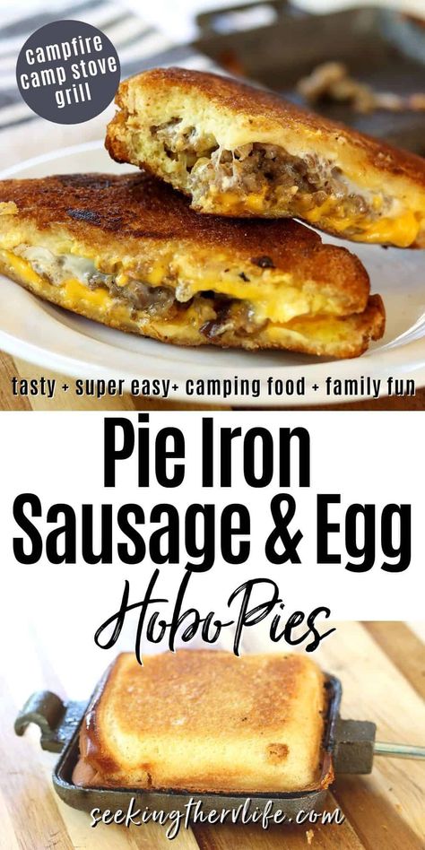 Breakfast Mountain Pies, Hobo Pie Iron Recipes, Breakfast Pie Iron Recipes, Breakfast Pudgy Pies, Best Camping Appetizers, Pie Iron Breakfast Recipes, Pudgie Pie Recipes Camping, Mountain Pies Campfire, Campfire Sandwich Pie Iron Recipes