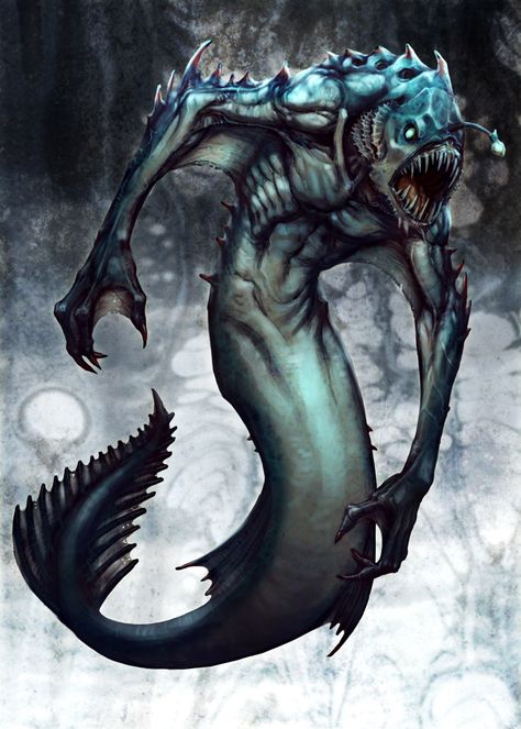 Undead Sea Monster, Fish Monster Concept Art, Deep Sea Triton Dnd, Merrow Dnd, Inn Keeper Dnd, Under Water Monster, Fish Monster Art, Abyss Creatures, Abyss Monster