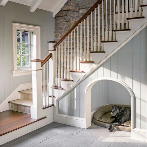 Dog Room Design, Under Stairs Dog House, Colonial Renovation, Stair Nook, Dog Spaces, Under The Stairs, Stair Case, Dog Rooms, Cottage Interiors