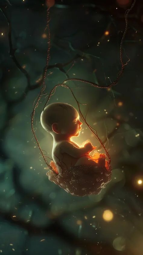 The image is a surreal depiction of a fetus curled up in a womb-like pod. The fetus is glowing, and the pod is suspended in a dark, watery environment by a chain. The image is both beautiful and eerie, and it evokes a sense of wonder and mystery. Baby In Womb Art, Baby In The Womb, Baby In Womb, Cute Pictures To Draw, Dove Images, Pregnancy Art, Dark Water, Underground Art, Biology Lessons